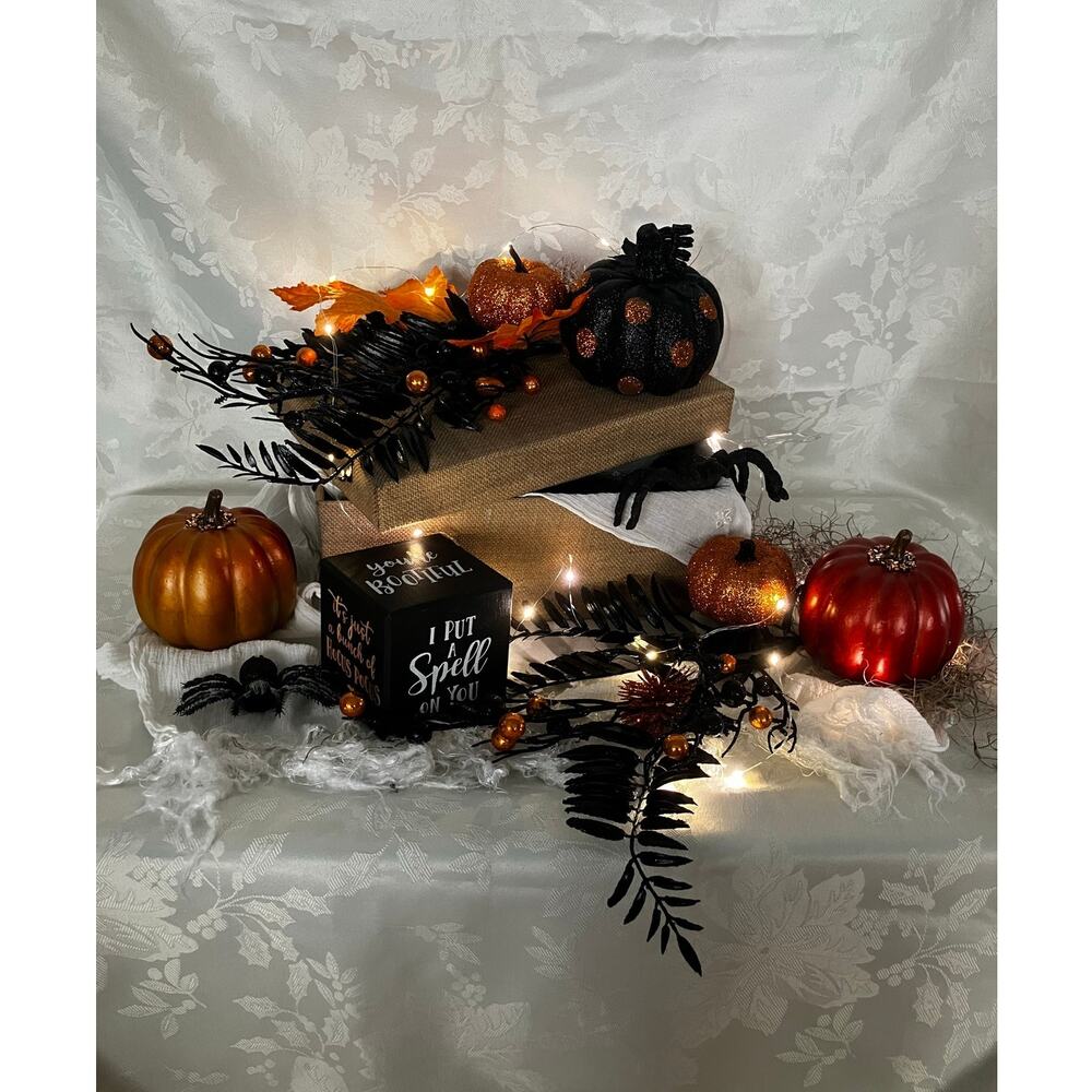 Handmade Halloween Centerpiece Lighted Spider Pumpkin Gothic Tabletop Decor